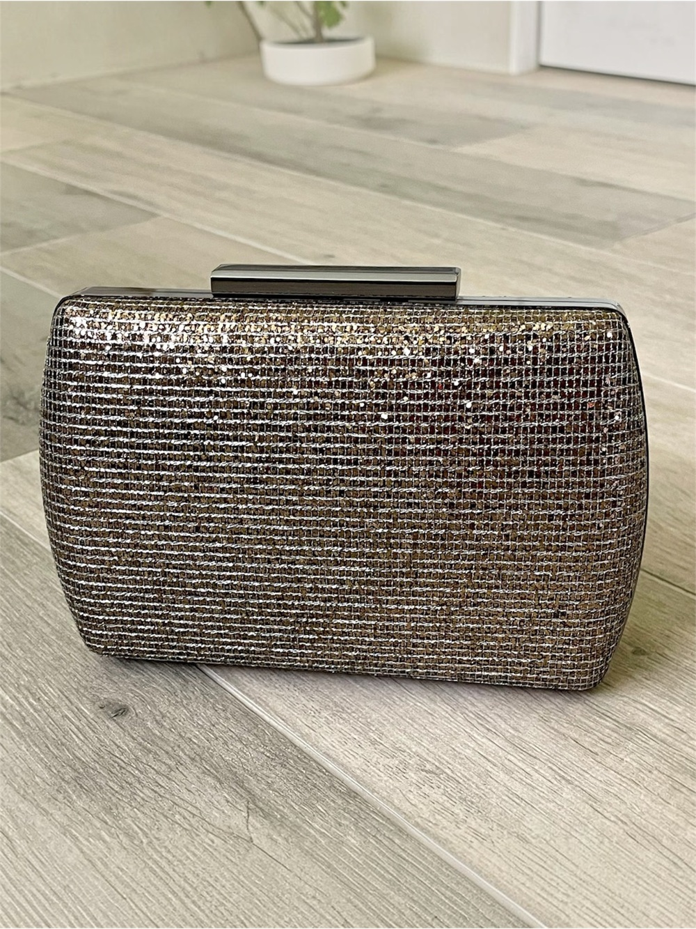 Elegant Rose Gold Glitter Evening Clutch Purse with Chain Strap Metallic Box Bag